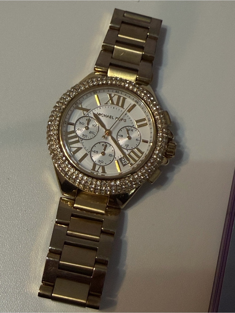 Michael Kors Gold Tone Crystal Accent Chronograph Watch with White Dial